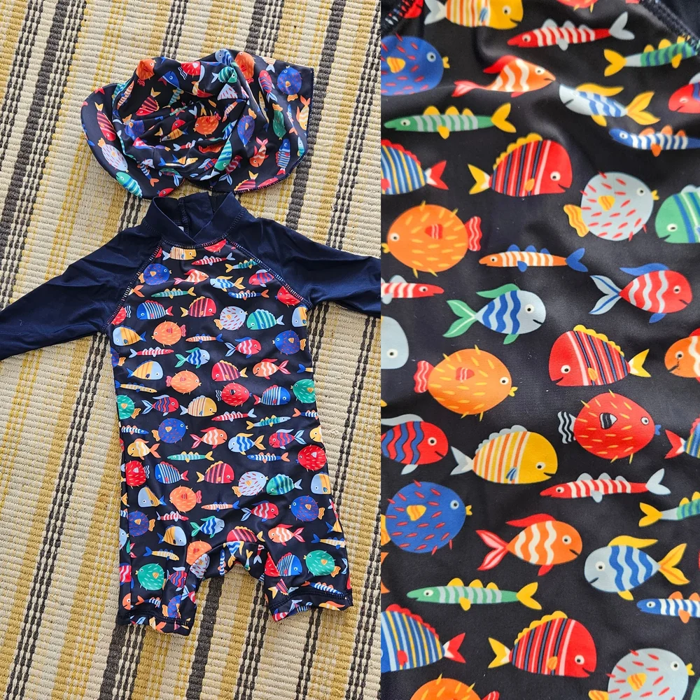Kids Navy Fish-Print Rashguard Swimsuit with Sun Hat